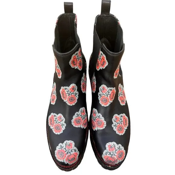 Alexander McQueen | Floral Print Leather Chelsea Booties in Black Size 38