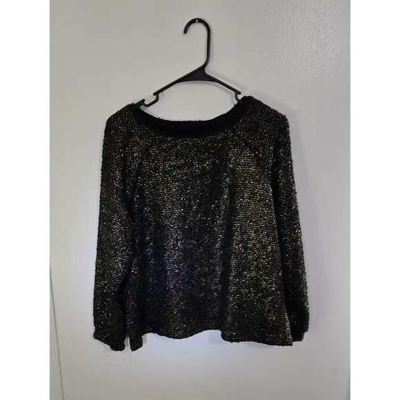 Alice   Olivia Metallic Gold Black Wool Blend Tweed Boxy Sweater Size Medium