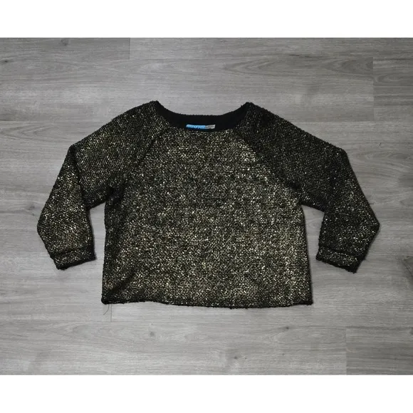 Alice   Olivia Metallic Gold Black Wool Blend Tweed Boxy Sweater Size Medium