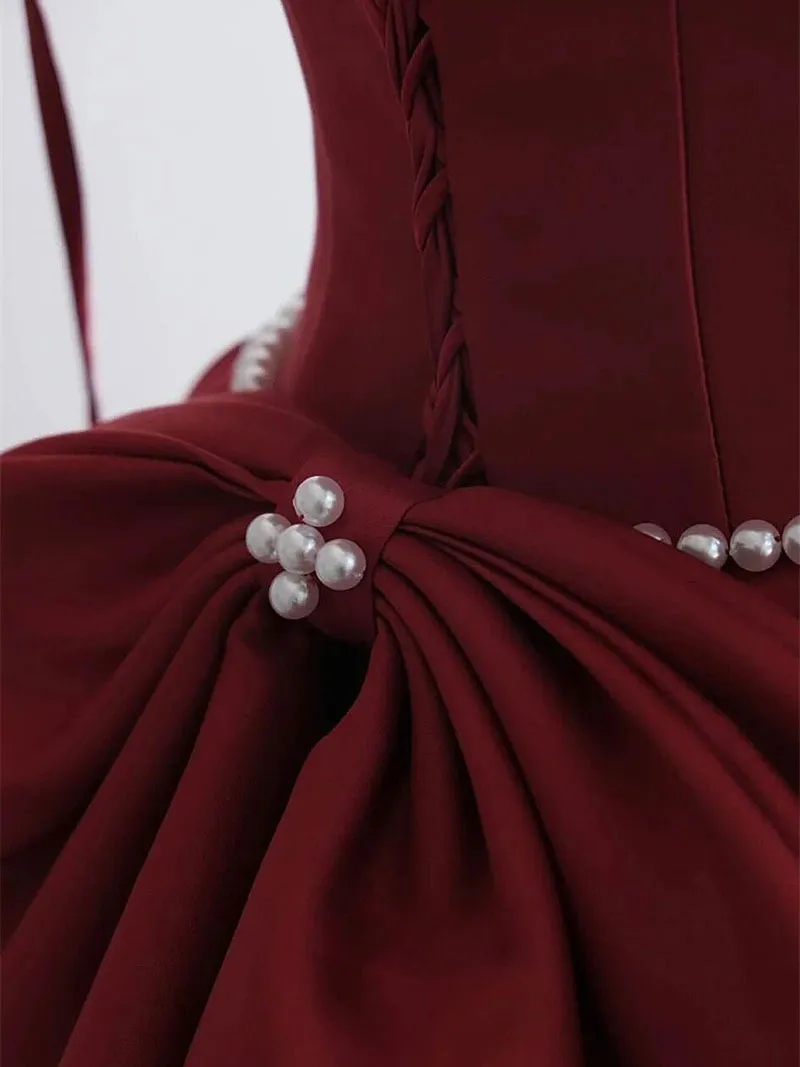 Aline Burgundy Long Prom Dress, Satin Formal Burgundy Evening Gown
