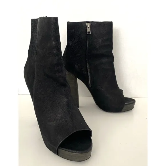 All Saints Boot Nubuck Leather Manifest Black Open Peep Toe Bootie Platf…
