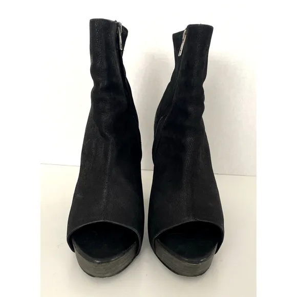 All Saints Boot Nubuck Leather Manifest Black Open Peep Toe Bootie Platf…
