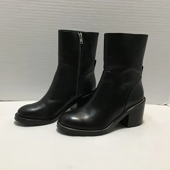 All Saints Women’s Biker Boots MacArthur Black Side Zipper Stack Heels Size 8.5