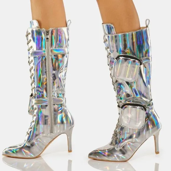 ALL THAT SHIMMER SHINES FROM THE FUTURE HEELED BOOTS ( BRAND NEW !!!! ) SILVER