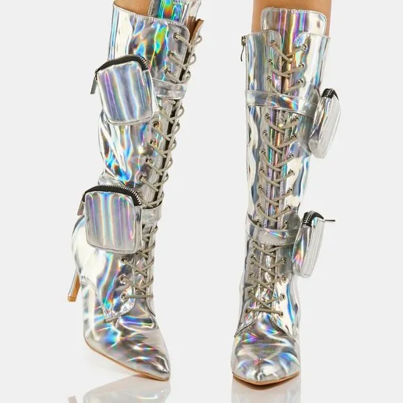 ALL THAT SHIMMER SHINES FROM THE FUTURE HEELED BOOTS ( BRAND NEW !!!! ) SILVER