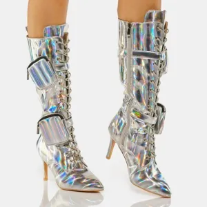 ALL THAT SHIMMER SHINES FROM THE FUTURE HEELED BOOTS ( BRAND NEW !!!! ) SILVER
