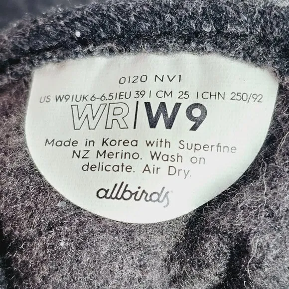 Allbirds Women's Wool Runner Mizzles 0120 NV1 Natural Black Sneaker, Sz 9