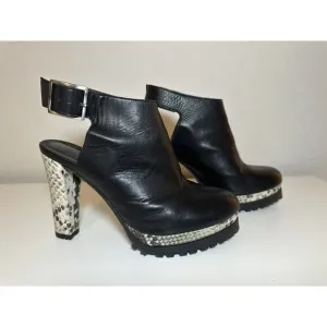AllSaints Sarris Black White Snakeprint Platform Slingback Booties Sz US 7 EU 37