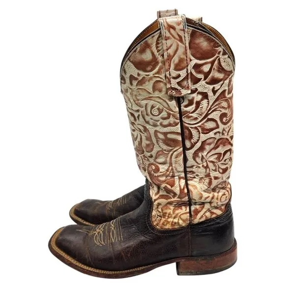 Anderson Bean Jessie James Floral Tooled Cowboy Boots 8 Neutral Cream Brown Boho