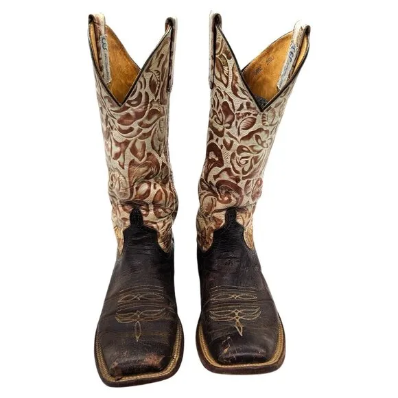 Anderson Bean Jessie James Floral Tooled Cowboy Boots 8 Neutral Cream Brown Boho