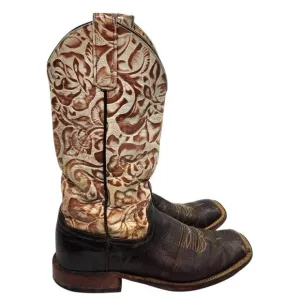 Anderson Bean Jessie James Floral Tooled Cowboy Boots 8 Neutral Cream Brown Boho
