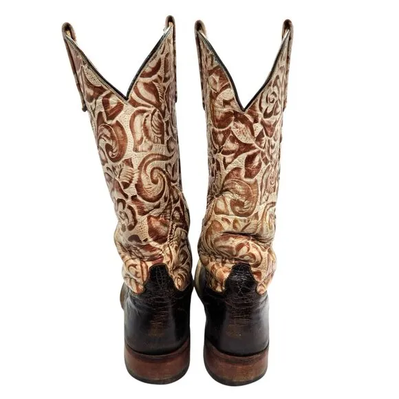 Anderson Bean Jessie James Floral Tooled Cowboy Boots 8 Neutral Cream Brown Boho