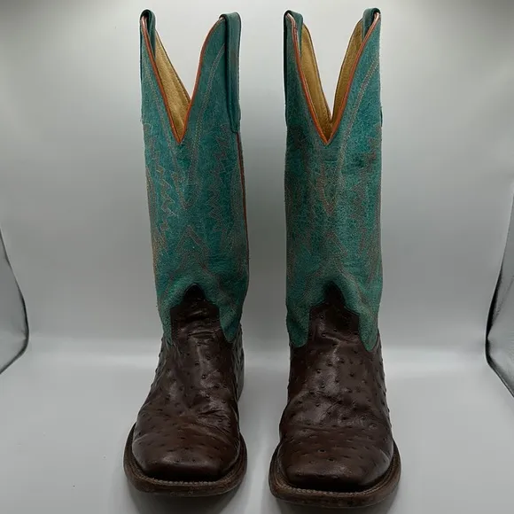 Anderson Bean Sz 5 Turquoise &amp; Chocolate Ostrich Print Cowboy Boots