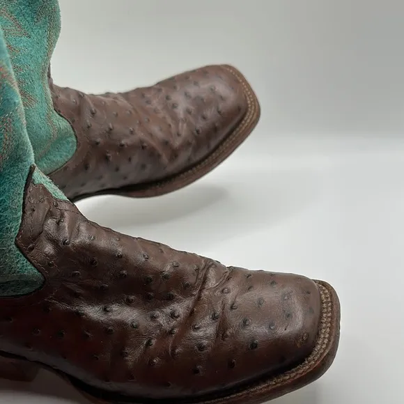 Anderson Bean Sz 5 Turquoise &amp; Chocolate Ostrich Print Cowboy Boots