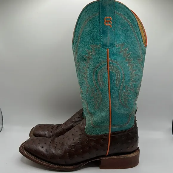 Anderson Bean Sz 5 Turquoise &amp; Chocolate Ostrich Print Cowboy Boots