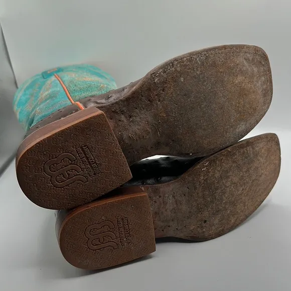Anderson Bean Sz 5 Turquoise &amp; Chocolate Ostrich Print Cowboy Boots