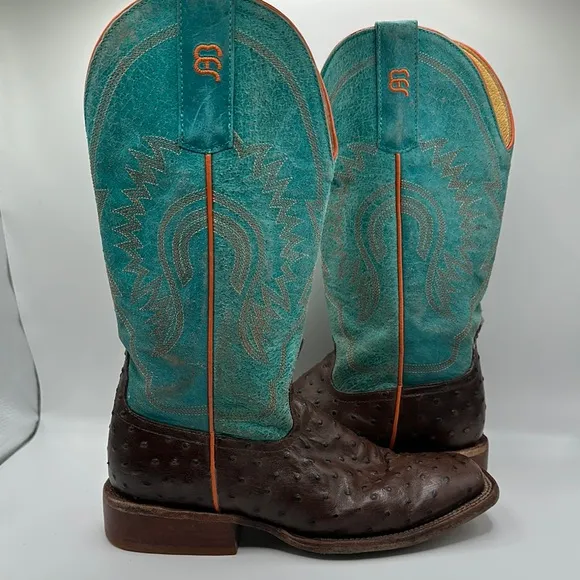 Anderson Bean Sz 5 Turquoise &amp; Chocolate Ostrich Print Cowboy Boots