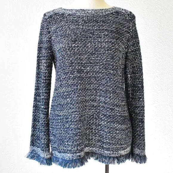 Ann Taylor Navy Blue Metallic Silver Sequin Boat Neck Fringed Knit Sweater