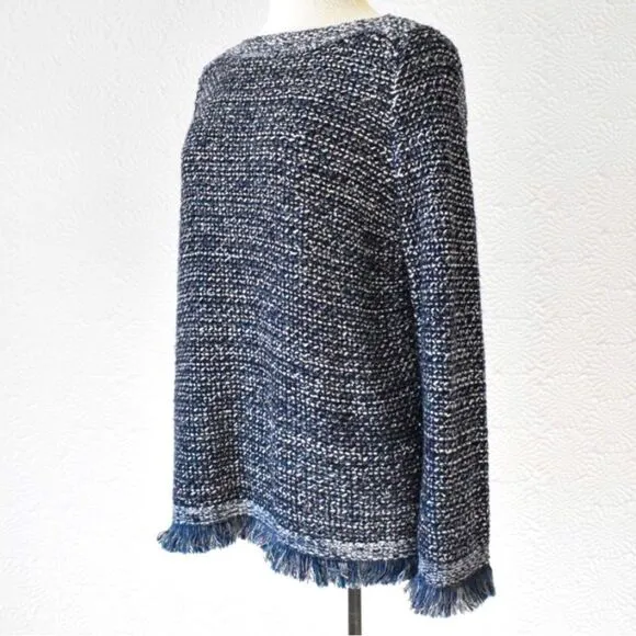 Ann Taylor Navy Blue Metallic Silver Sequin Boat Neck Fringed Knit Sweater