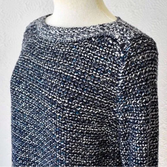 Ann Taylor Navy Blue Metallic Silver Sequin Boat Neck Fringed Knit Sweater