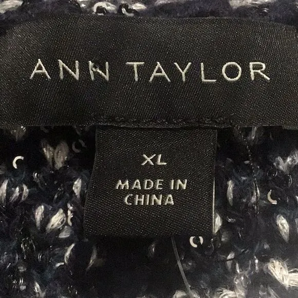 Ann Taylor Navy Blue Metallic Silver Sequin Boat Neck Fringed Knit Sweater