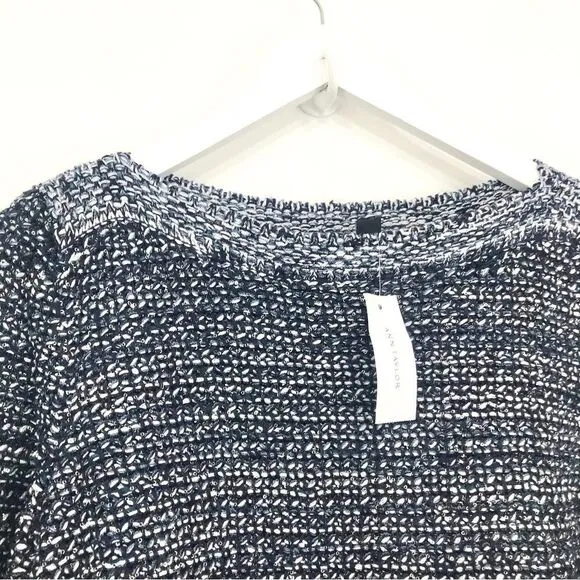 Ann Taylor Navy Blue Metallic Silver Sequin Boat Neck Fringed Knit Sweater