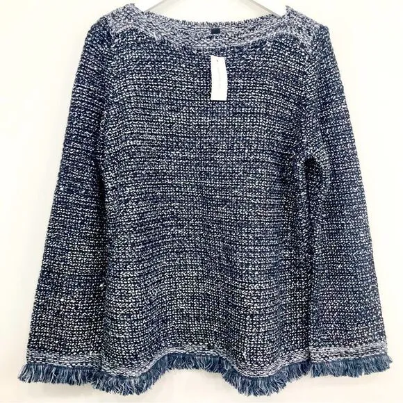 Ann Taylor Navy Blue Metallic Silver Sequin Boat Neck Fringed Knit Sweater