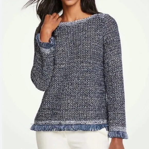 Ann Taylor Navy Blue Metallic Silver Sequin Boat Neck Fringed Knit Sweater