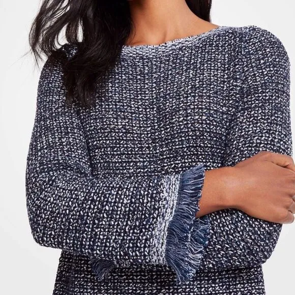 Ann Taylor Navy Blue Metallic Silver Sequin Boat Neck Fringed Knit Sweater