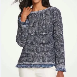 Ann Taylor Navy Blue Metallic Silver Sequin Boat Neck Fringed Knit Sweater