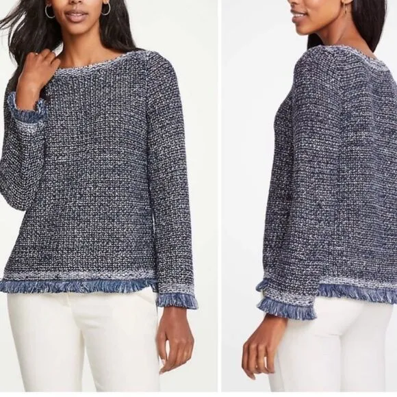 Ann Taylor Navy Blue Metallic Silver Sequin Boat Neck Fringed Knit Sweater