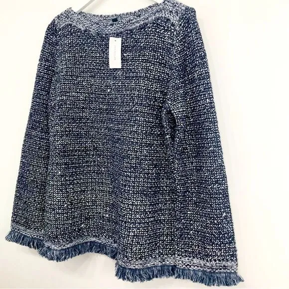 Ann Taylor Navy Blue Metallic Silver Sequin Boat Neck Fringed Knit Sweater