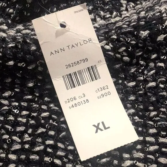 Ann Taylor Navy Blue Metallic Silver Sequin Boat Neck Fringed Knit Sweater