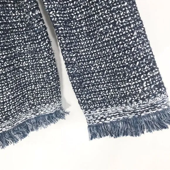 Ann Taylor Navy Blue Metallic Silver Sequin Boat Neck Fringed Knit Sweater