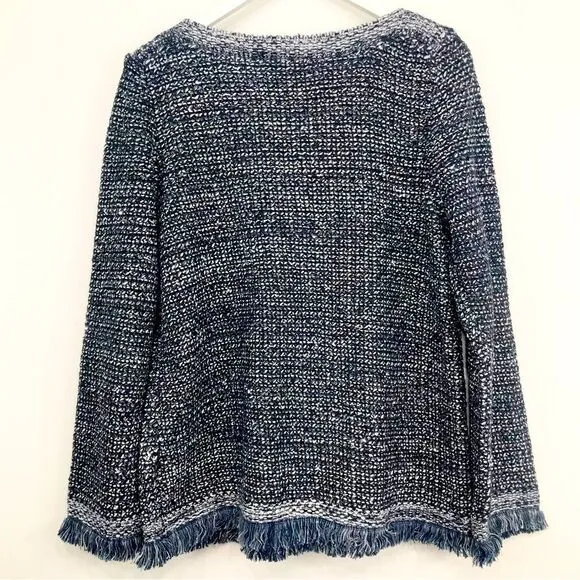 Ann Taylor Navy Blue Metallic Silver Sequin Boat Neck Fringed Knit Sweater