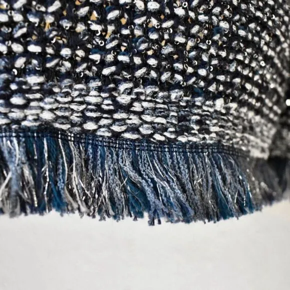 Ann Taylor Navy Blue Metallic Silver Sequin Boat Neck Fringed Knit Sweater