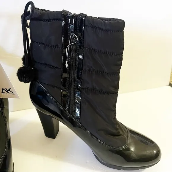 Anne Klein AK Sport Women Winter Boots Sz 9.5 Black Xhale Nylon Heeled Faux Fur