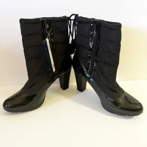 Anne Klein AK Sport Women Winter Boots Sz 9.5 Black Xhale Nylon Heeled Faux Fur