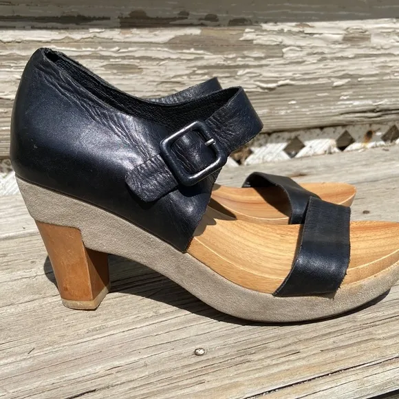 Anthopologie Antelope Leather Wood Heel Clog Sandal Shoes Women's Size 7 - 7.5