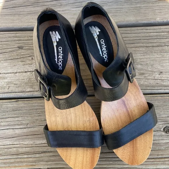 Anthopologie Antelope Leather Wood Heel Clog Sandal Shoes Women's Size 7 - 7.5