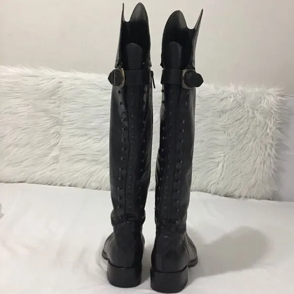 Anthropologie Area Forte Knee High Black Leather Studded Riding Boots Size 37