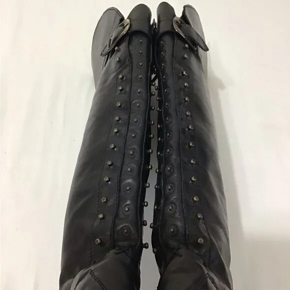 Anthropologie Area Forte Knee High Black Leather Studded Riding Boots Size 37
