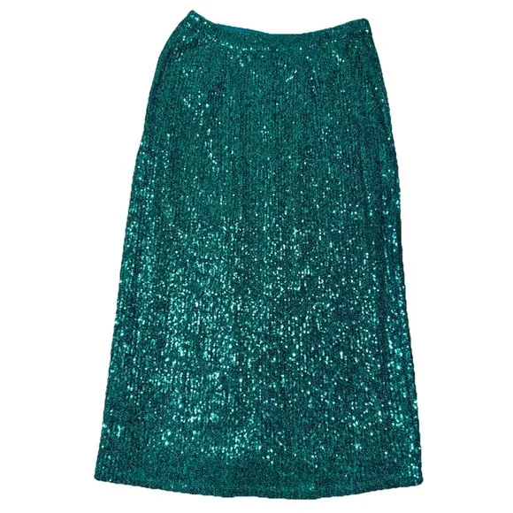 Anthropologie Maeve Alicia Sequined Midi Skirt Womens M Sequins Teal Green Disco