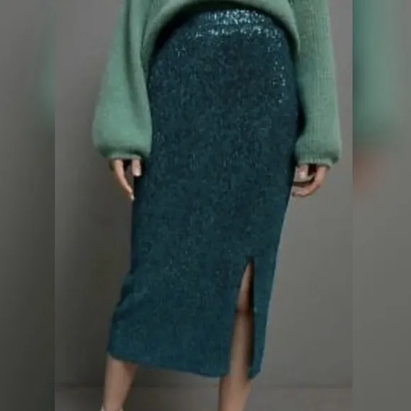 Anthropologie Maeve Alicia Sequined Midi Skirt Womens M Sequins Teal Green Disco