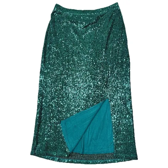 Anthropologie Maeve Alicia Sequined Midi Skirt Womens M Sequins Teal Green Disco