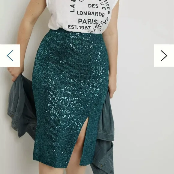 Anthropologie Maeve Alicia Sequined Midi Skirt Womens M Sequins Teal Green Disco