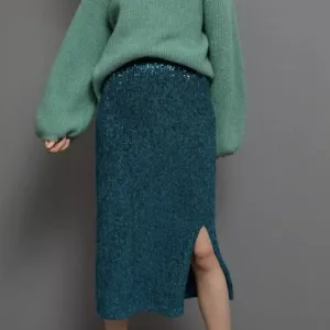 Anthropologie Maeve Alicia Sequined Midi Skirt Womens M Sequins Teal Green Disco