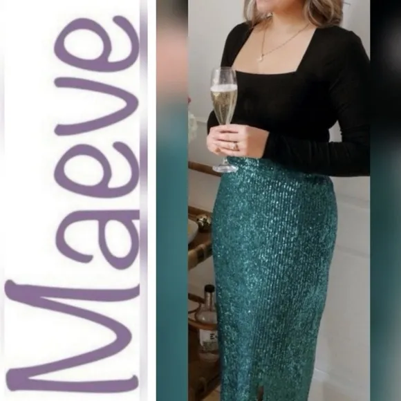 Anthropologie Maeve Alicia Sequined Midi Skirt Womens M Sequins Teal Green Disco