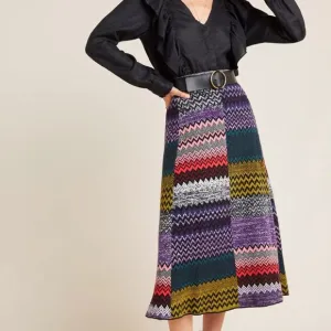 Anthropologie Patchwork Knit Midi Skirt, XL