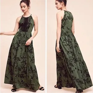 ANTHROPOLOGIE Ranna Gill Herbaliste Green Halter Maxi Dress
